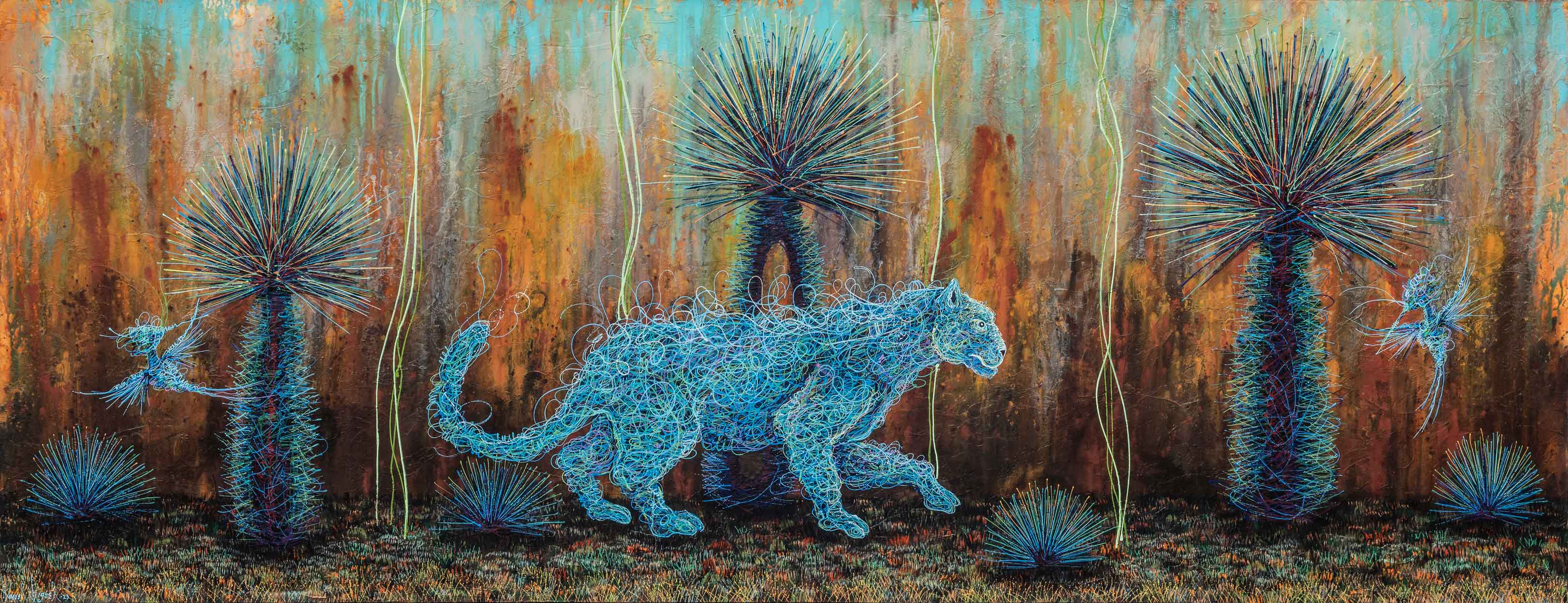 Manuel Miguel, Jaguar, Mixta sobre loneta, 120 x 300 cm, 2023