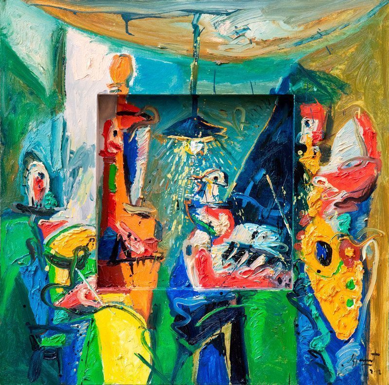 Jazzamoart Cuarteto con lampara de Van Gogh 100 x 100 cm Óleo sobre montaje de panel 2022