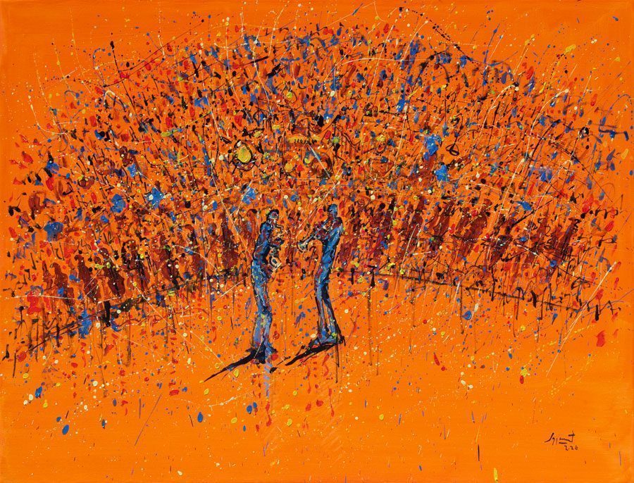 JAZZAMOART Miles y Coltrane con orquesta 100 x 130 cm Óleo sobre tela 2026