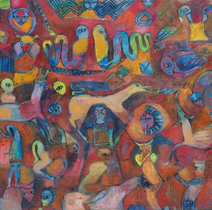 Víctor Cha'ca - Figuras animales, óleo sobre tela, 148.5 x 143.5 cm