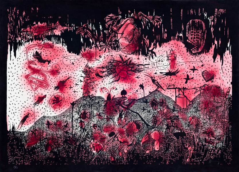 Sergio Hernández, Sin título, xilografía intervenida con grana cochinilla, 76 x 105 cm, 2024