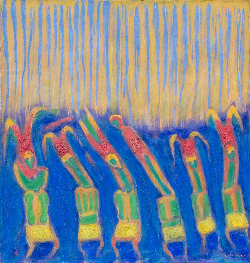 Víctor Cha'ca - Sillas bailando, mixta sobre tela, 130 x 120 cm