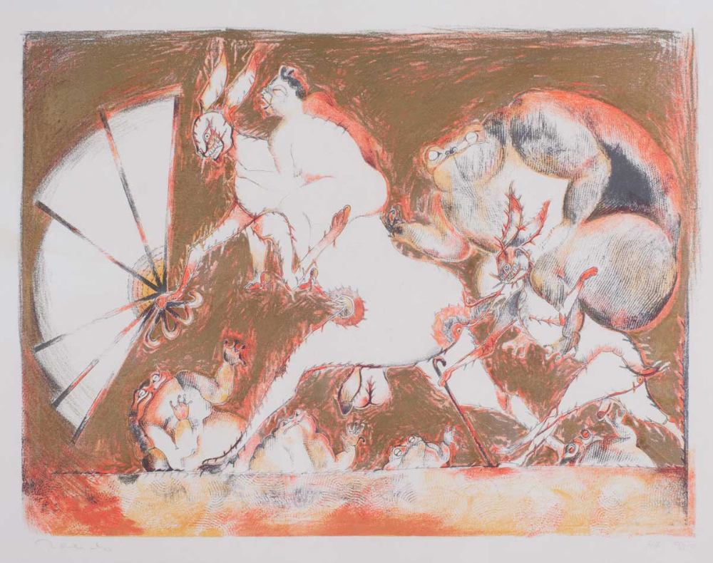 Francisco Toledo - Conejos con bastones, serigrafía y timbrado en seco (relieve) sobre papel, 42 x 54.3 cm, 1984