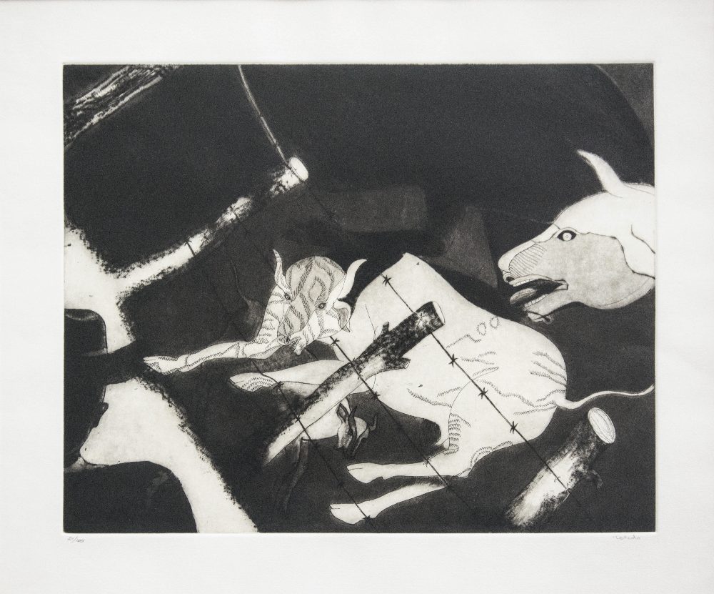 Francisco Toledo - Hombre y vacas con alambre de púas, grabado, 37 x 47 cm, 1985