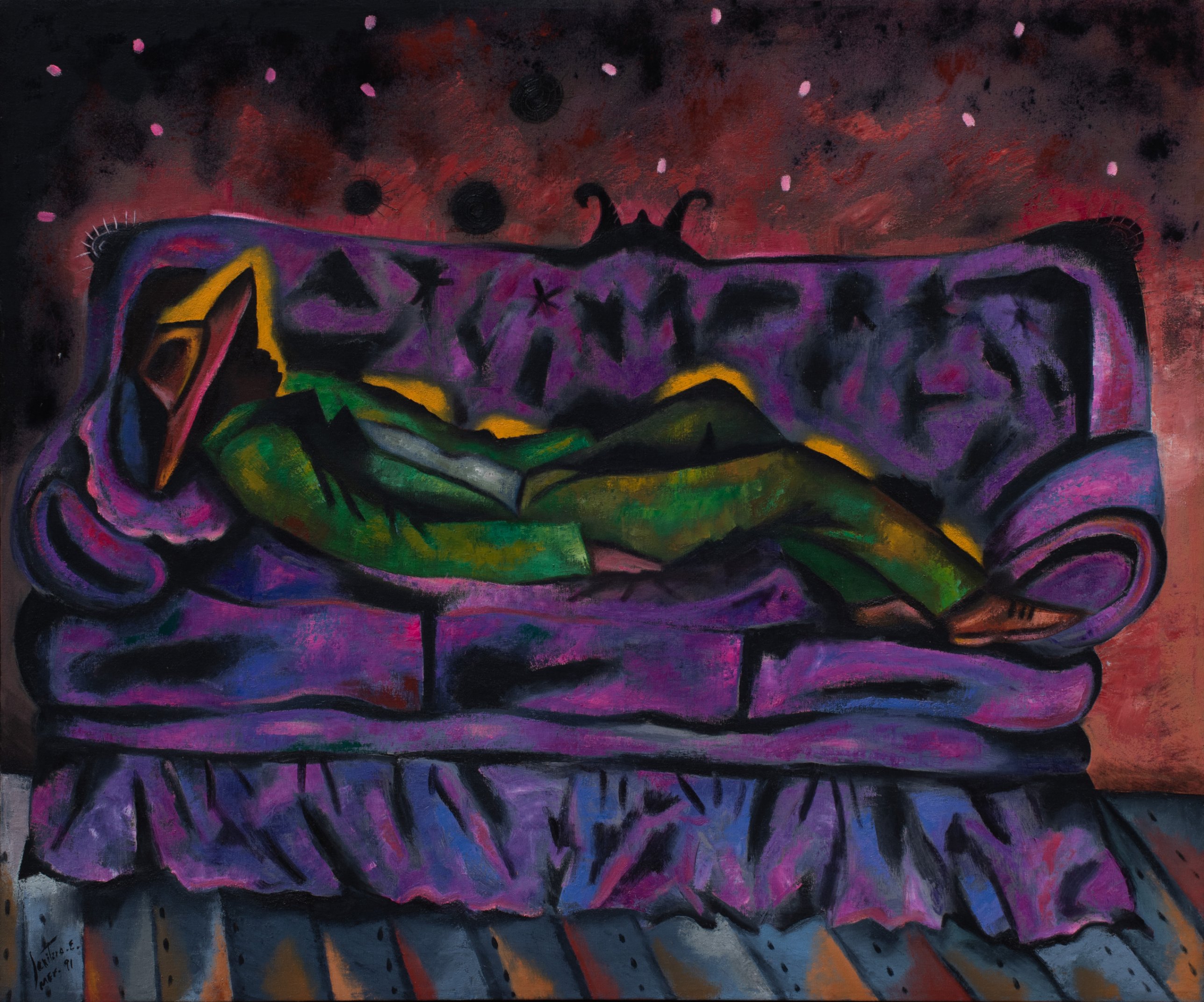 Janitzio Escalera - El Juan Nopal, echando un coyotito, óleo sobre tela, 100 x 120 cm, 1991