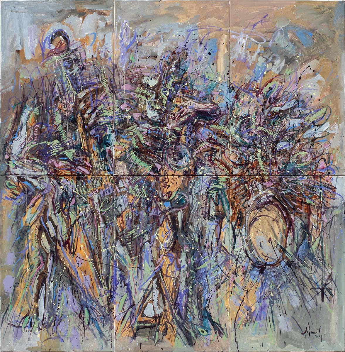 Jazzamoart - Trío Pollock, óleo sobre tela, políptico de 6 piezas, 120 x 120 cm, 2026